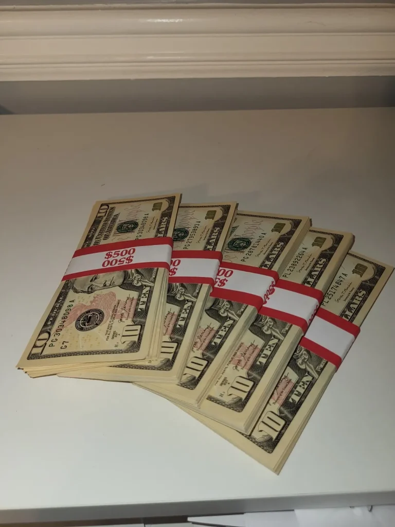 stacks of fake $10 bill